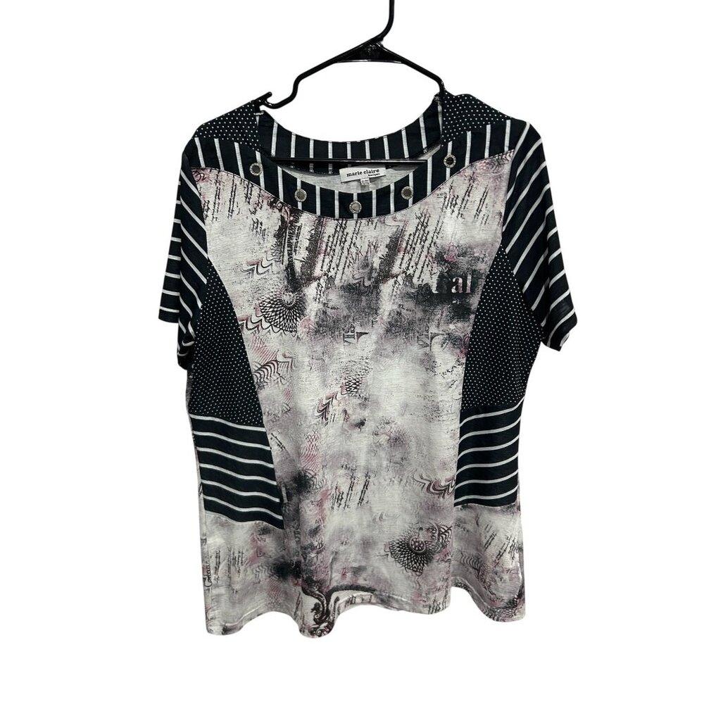 Marie Claire Striped Abstract Print Short Sleeve Top Size XL Mixed Pattern Boho